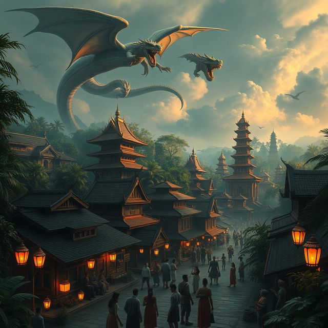 An imaginative depiction of Jakarta in ancient times, set in a mystical atmosphere filled with various fantasy monsters