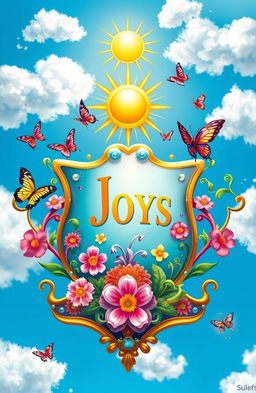 A vibrant, colorful depiction of a joyous crest, featuring elements like swirling patterns, bright blossoms, and a radiant sun shining above