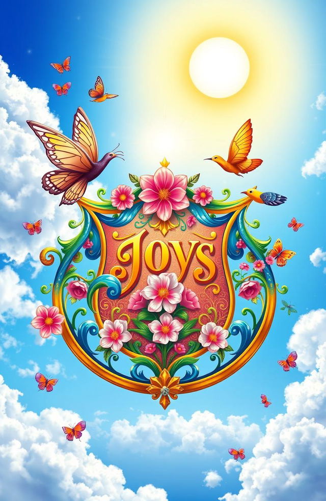 A vibrant, colorful depiction of a joyous crest, featuring elements like swirling patterns, bright blossoms, and a radiant sun shining above