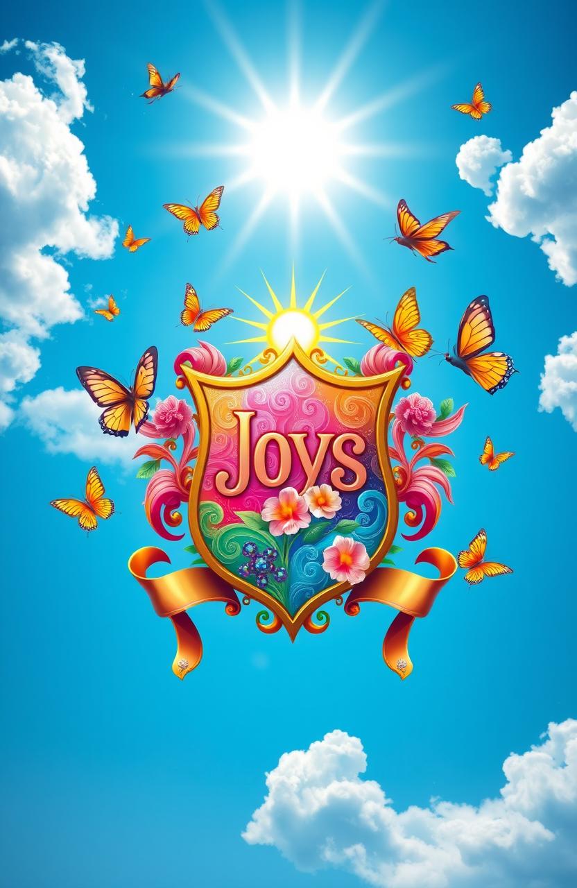 A vibrant, colorful depiction of a joyous crest, featuring elements like swirling patterns, bright blossoms, and a radiant sun shining above