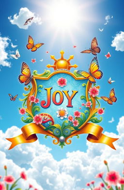 A vibrant, colorful depiction of a joyous crest, featuring elements like swirling patterns, bright blossoms, and a radiant sun shining above