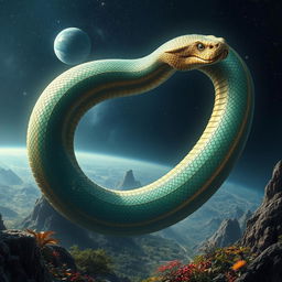 A majestic depiction of the biggest snake in the universe, imagined as an enormous, mythical serpent coiling around a distant planet