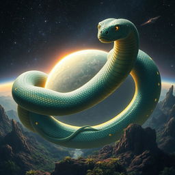 A majestic depiction of the biggest snake in the universe, imagined as an enormous, mythical serpent coiling around a distant planet
