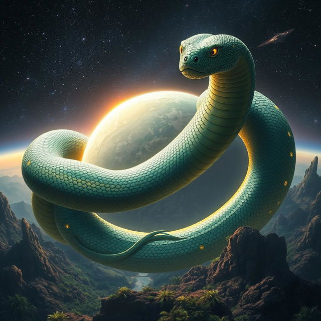 A majestic depiction of the biggest snake in the universe, imagined as an enormous, mythical serpent coiling around a distant planet