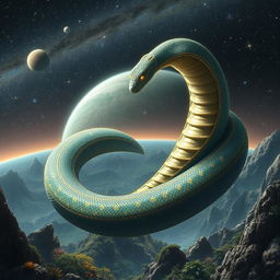 A majestic depiction of the biggest snake in the universe, imagined as an enormous, mythical serpent coiling around a distant planet