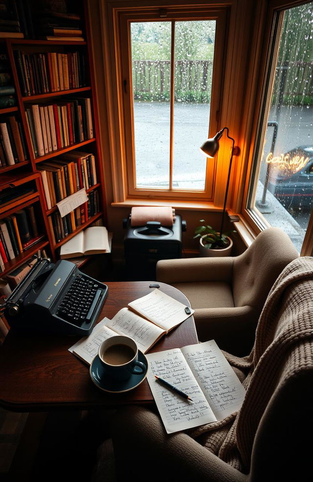 A cozy writer's nook, filled with books and vintage typewriter, surrounded by warm ambient lighting