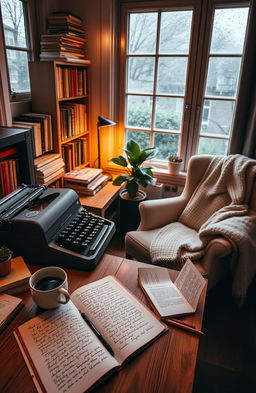 A cozy writer's nook, filled with books and vintage typewriter, surrounded by warm ambient lighting