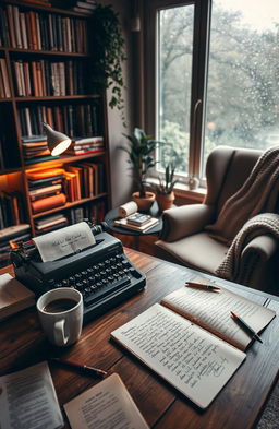 A cozy writer's nook, filled with books and vintage typewriter, surrounded by warm ambient lighting