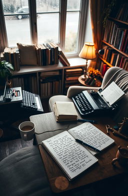 A cozy writer's nook, filled with books and vintage typewriter, surrounded by warm ambient lighting