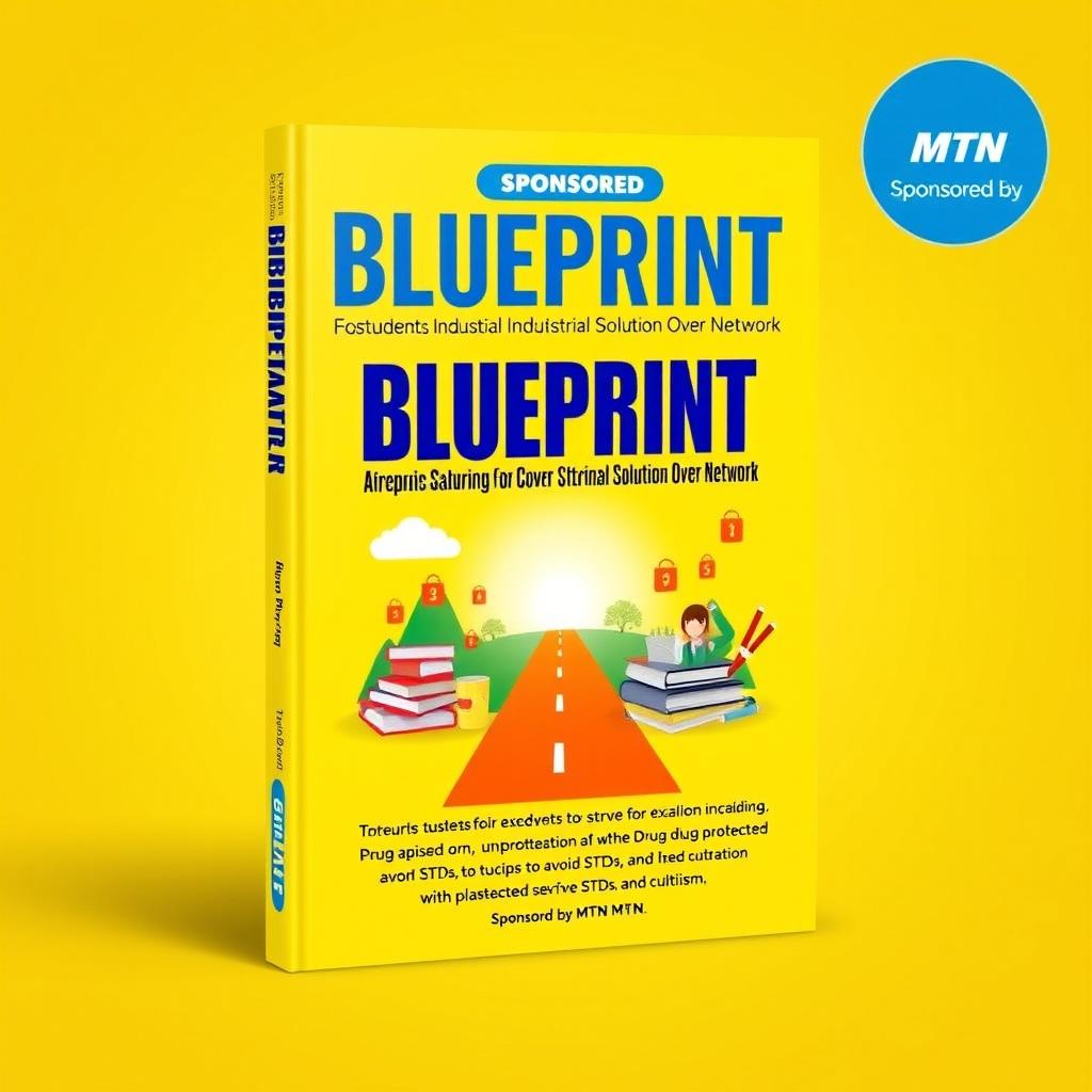 A vibrant book cover design titled 'Blueprint: Industrial Solution Over Network' sponsored by MTN