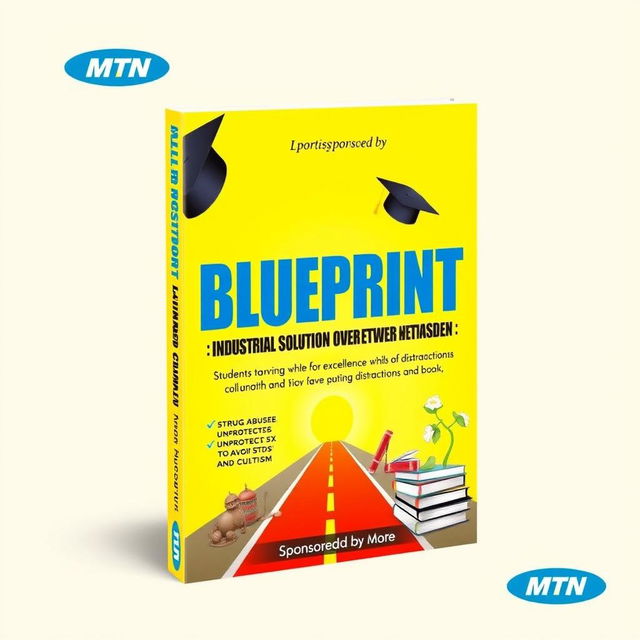 A vibrant book cover design titled 'Blueprint: Industrial Solution Over Network' sponsored by MTN