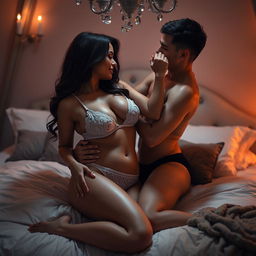 An intimate bedroom scene featuring a sexy couple engaged in romantic foreplay, highlighting a curvy woman wearing alluring lingerie, including a stylish bra and seductive panties that celebrate her figure