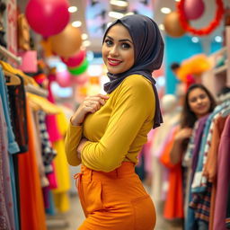 A captivating scene depicting a confident young woman wearing a stylish hijab, showcasing her curvy figure in a vibrant, modern outfit