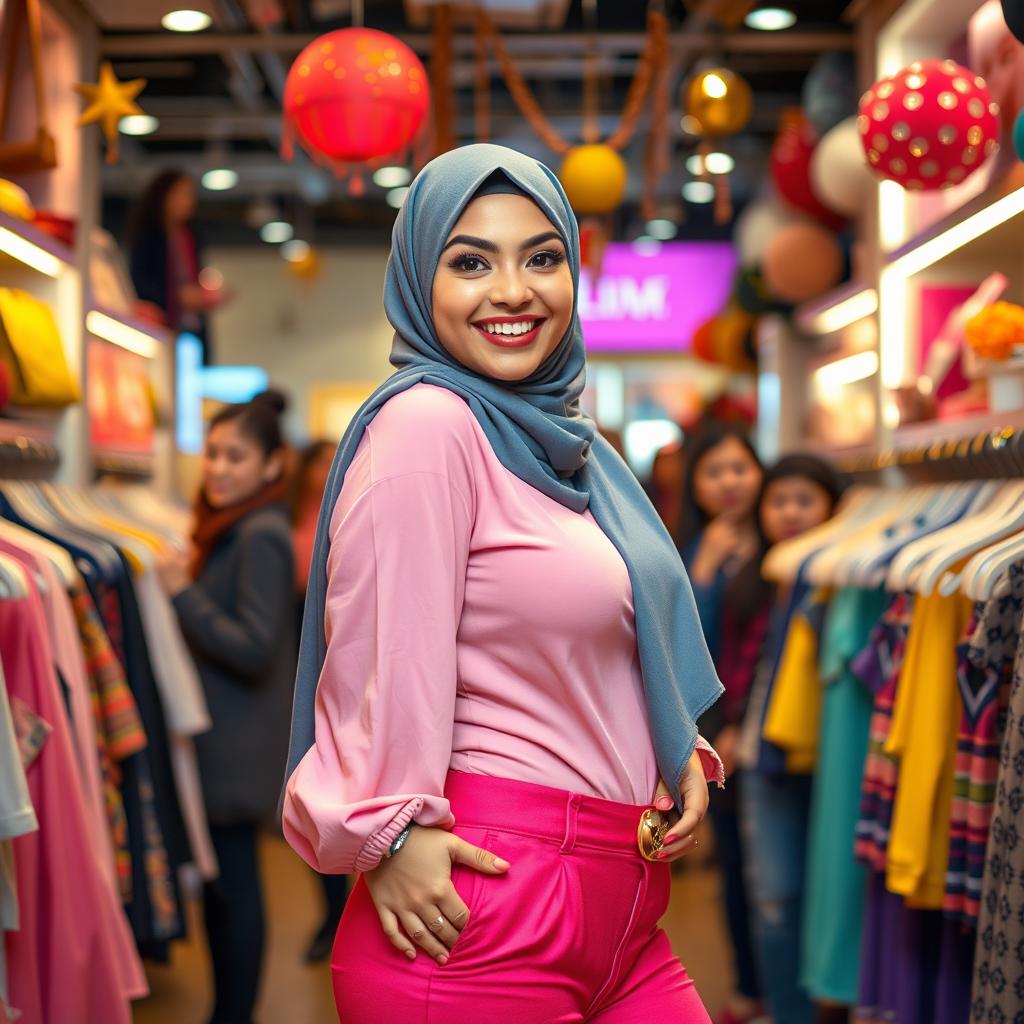 A captivating scene depicting a confident young woman wearing a stylish hijab, showcasing her curvy figure in a vibrant, modern outfit