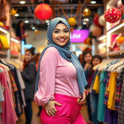 A captivating scene depicting a confident young woman wearing a stylish hijab, showcasing her curvy figure in a vibrant, modern outfit