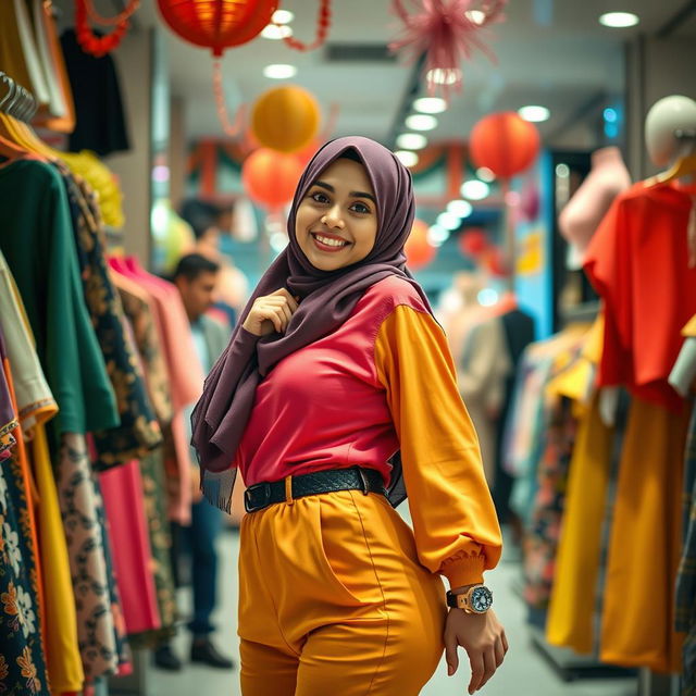 A captivating scene depicting a confident young woman wearing a stylish hijab, showcasing her curvy figure in a vibrant, modern outfit