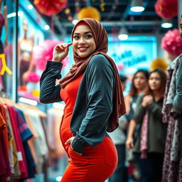 A captivating scene depicting a confident young woman wearing a stylish hijab, showcasing her curvy figure in a vibrant, modern outfit