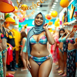 A bold and vibrant scene featuring a confident young woman in a stylish hijab, wearing a fashionable bikini that celebrates her curvy figure