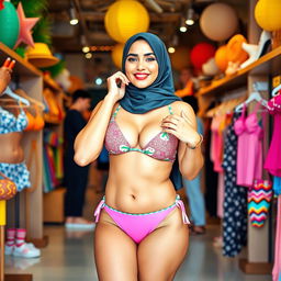 A bold and vibrant scene featuring a confident young woman in a stylish hijab, wearing a fashionable bikini that celebrates her curvy figure