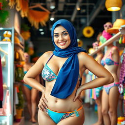 A bold and vibrant scene featuring a confident young woman in a stylish hijab, wearing a fashionable bikini that celebrates her curvy figure