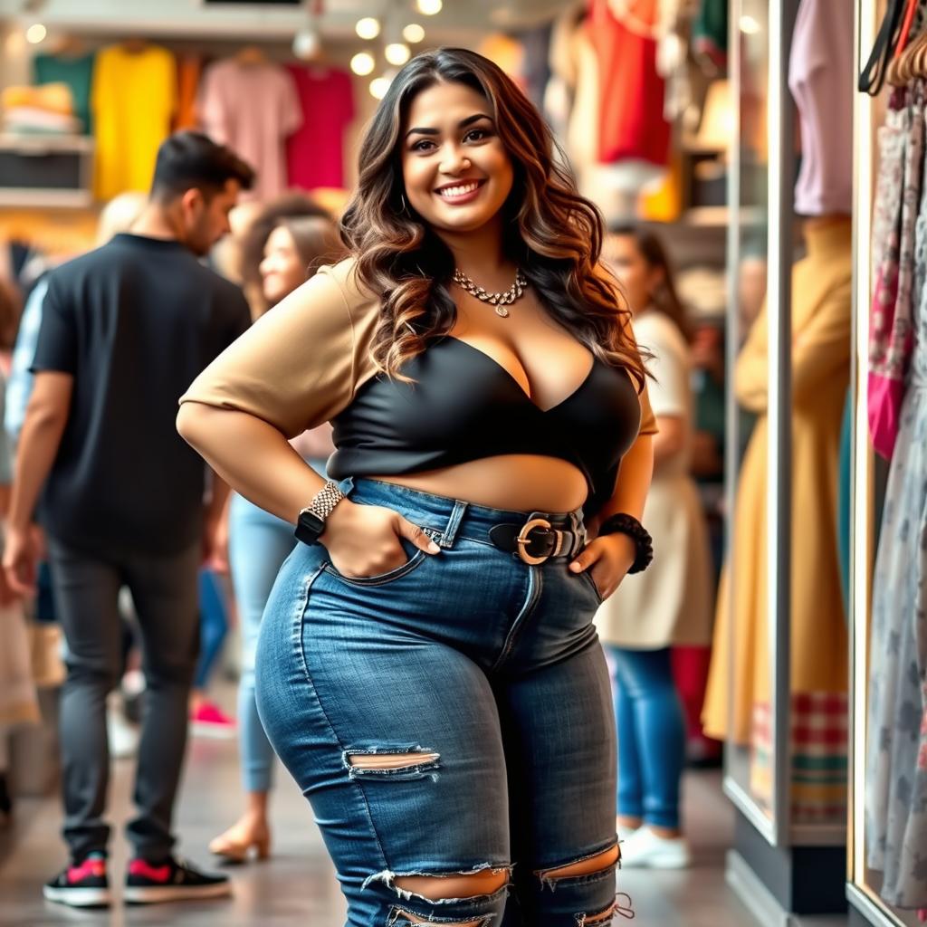 An engaging scene featuring a strong and confident heroine, showcasing her thick body in a fashionable and empowering outfit