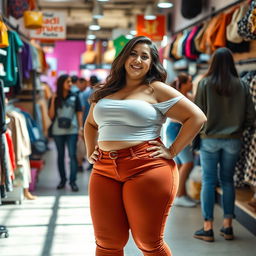 An engaging scene featuring a strong and confident heroine, showcasing her thick body in a fashionable and empowering outfit