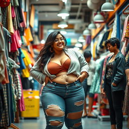 An engaging scene featuring a strong and confident heroine, showcasing her thick body in a fashionable and empowering outfit