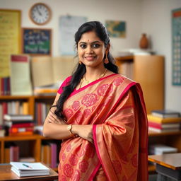 An Indian female teacher gracefully wearing a traditional saree, the fabric elegantly draping around her body