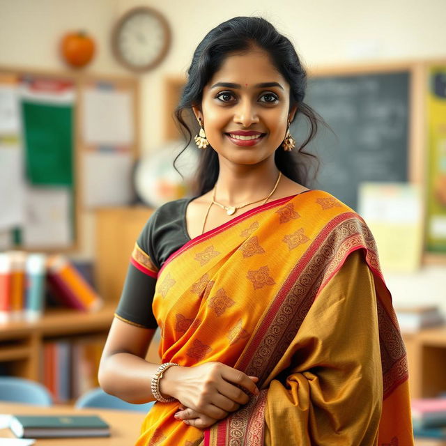 An Indian female teacher gracefully wearing a traditional saree, the fabric elegantly draping around her body