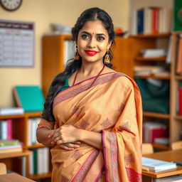 An Indian female teacher gracefully wearing a traditional saree, the fabric elegantly draping around her body