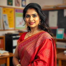 An Indian female teacher gracefully wearing a traditional saree, the fabric elegantly draping around her body