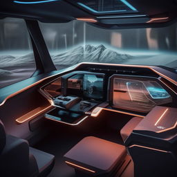 The driver's cabin of a state-of-the-art, futuristic van furnished with advanced technologies and modern design elements.