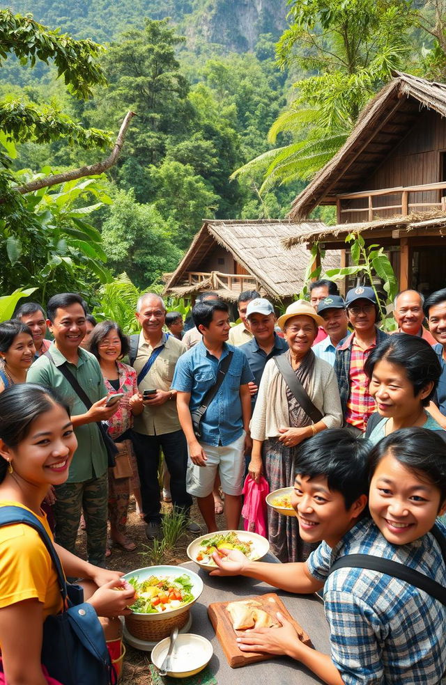 A vibrant community gathering in a national park showcasing ecotourism and community empowerment