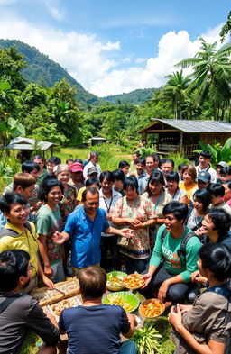 A vibrant community gathering in a national park showcasing ecotourism and community empowerment
