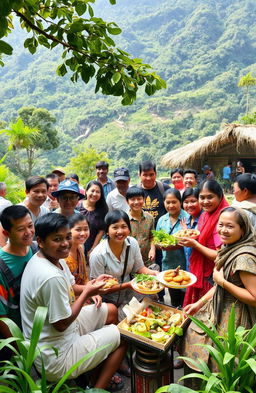 A vibrant community gathering in a national park showcasing ecotourism and community empowerment