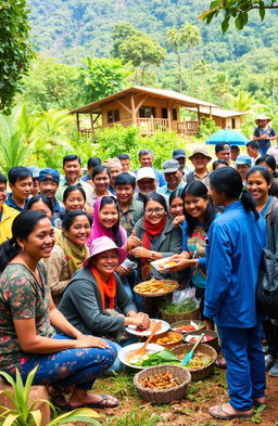 A vibrant community gathering in a national park showcasing ecotourism and community empowerment