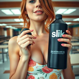 A close-up shot focusing on the chest and torso of a gorgeous redhead woman wearing a floral pattern sundress