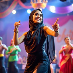 A striking scene featuring a tanned Indonesian woman wearing a fashionable and elegant hijab, showcasing her beauty and confidence