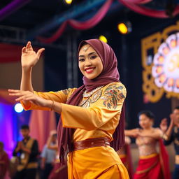 A striking scene featuring a tanned Indonesian woman wearing a fashionable and elegant hijab, showcasing her beauty and confidence