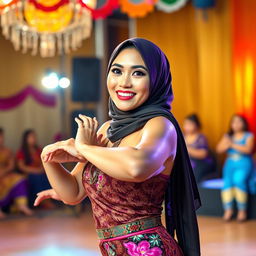 A striking scene featuring a tanned Indonesian woman wearing a fashionable and elegant hijab, showcasing her beauty and confidence