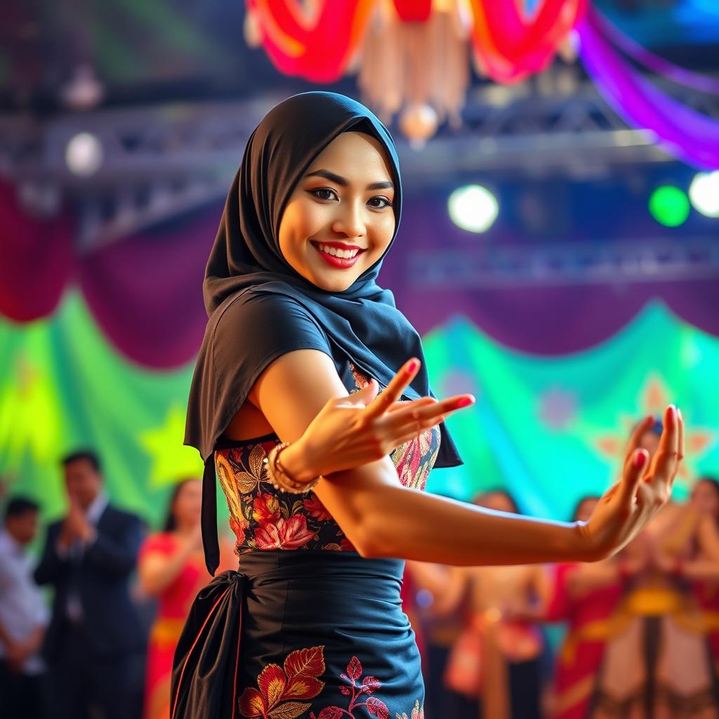 A striking scene featuring a tanned Indonesian woman wearing a fashionable and elegant hijab, showcasing her beauty and confidence