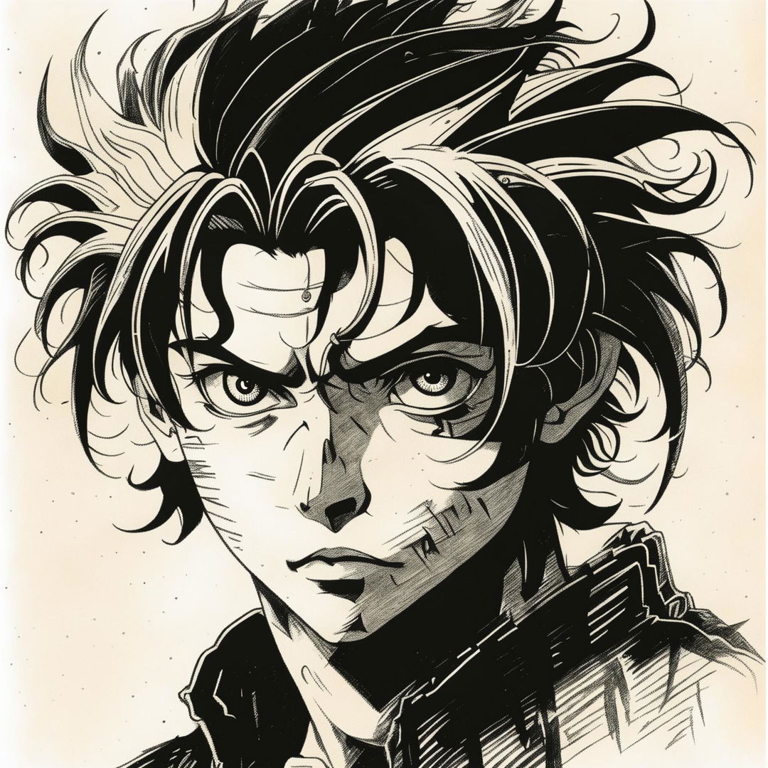 A young warrior from the 90s anime Berserk with fiery hair, depicted in a detailed pencil sketch headshot using cross-hatching technique.