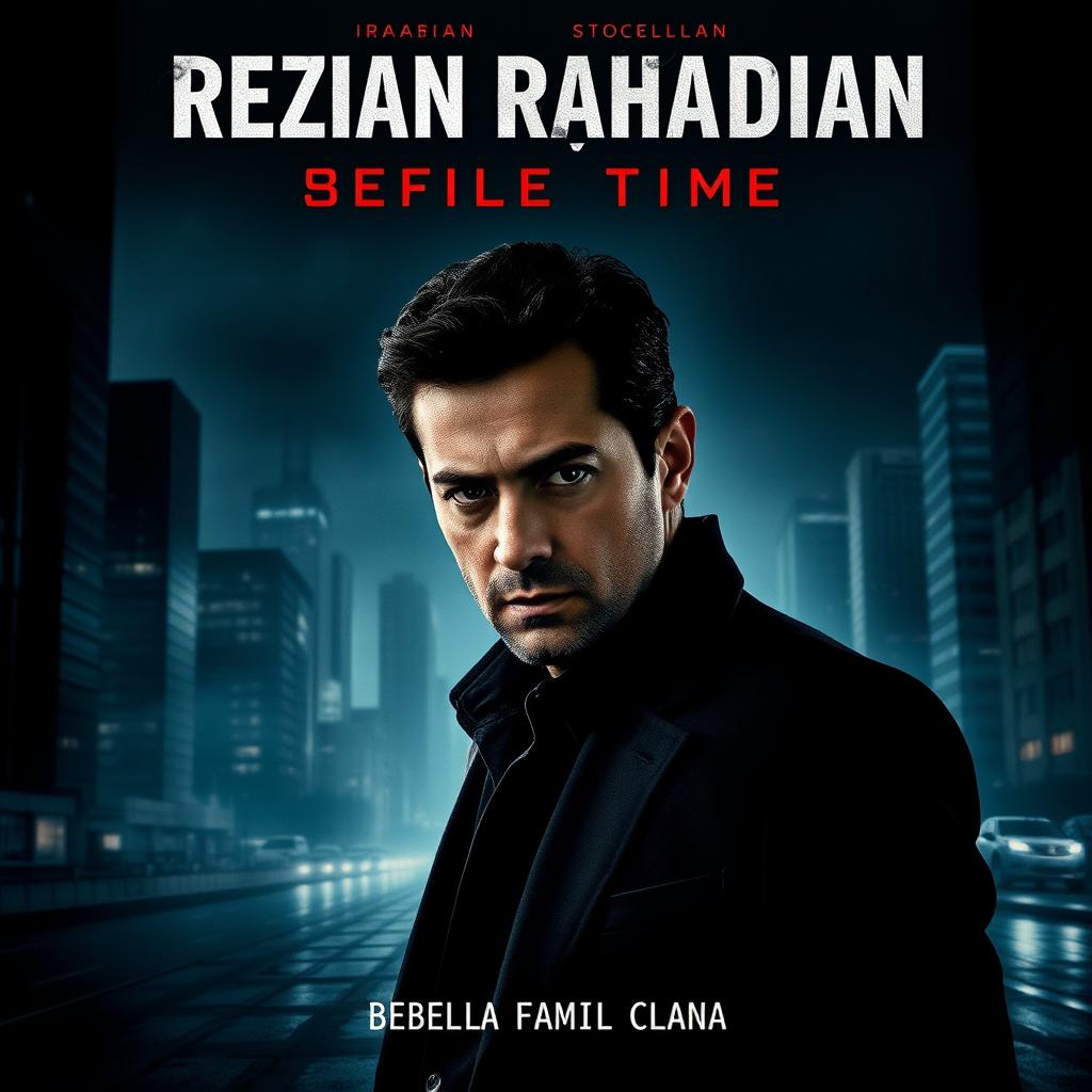 A modern thriller movie poster featuring the Iranian actor Reza Rahardian, portraying a brooding detective in an urban landscape at night