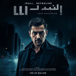 A modern thriller movie poster featuring the Iranian actor Reza Rahardian, portraying a brooding detective in an urban landscape at night