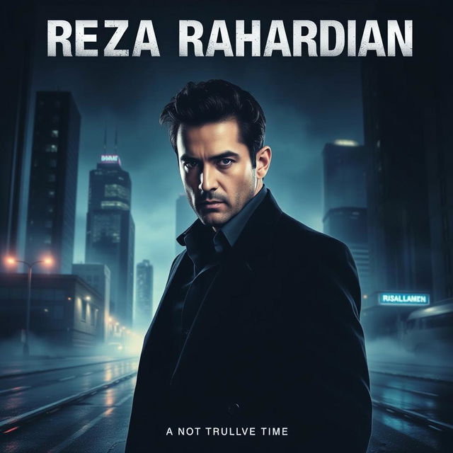 A modern thriller movie poster featuring the Iranian actor Reza Rahardian, portraying a brooding detective in an urban landscape at night