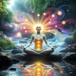 An ethereal representation of transcendental meditation, depicting a person sitting cross-legged in a serene environment, surrounded by vibrant, swirling colors representing energy and inner peace