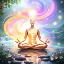 An ethereal representation of transcendental meditation, depicting a person sitting cross-legged in a serene environment, surrounded by vibrant, swirling colors representing energy and inner peace
