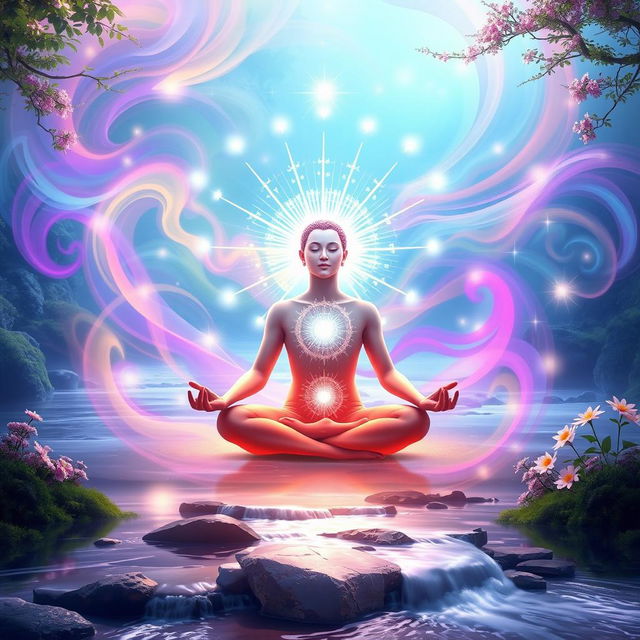 An ethereal representation of transcendental meditation, depicting a person sitting cross-legged in a serene environment, surrounded by vibrant, swirling colors representing energy and inner peace