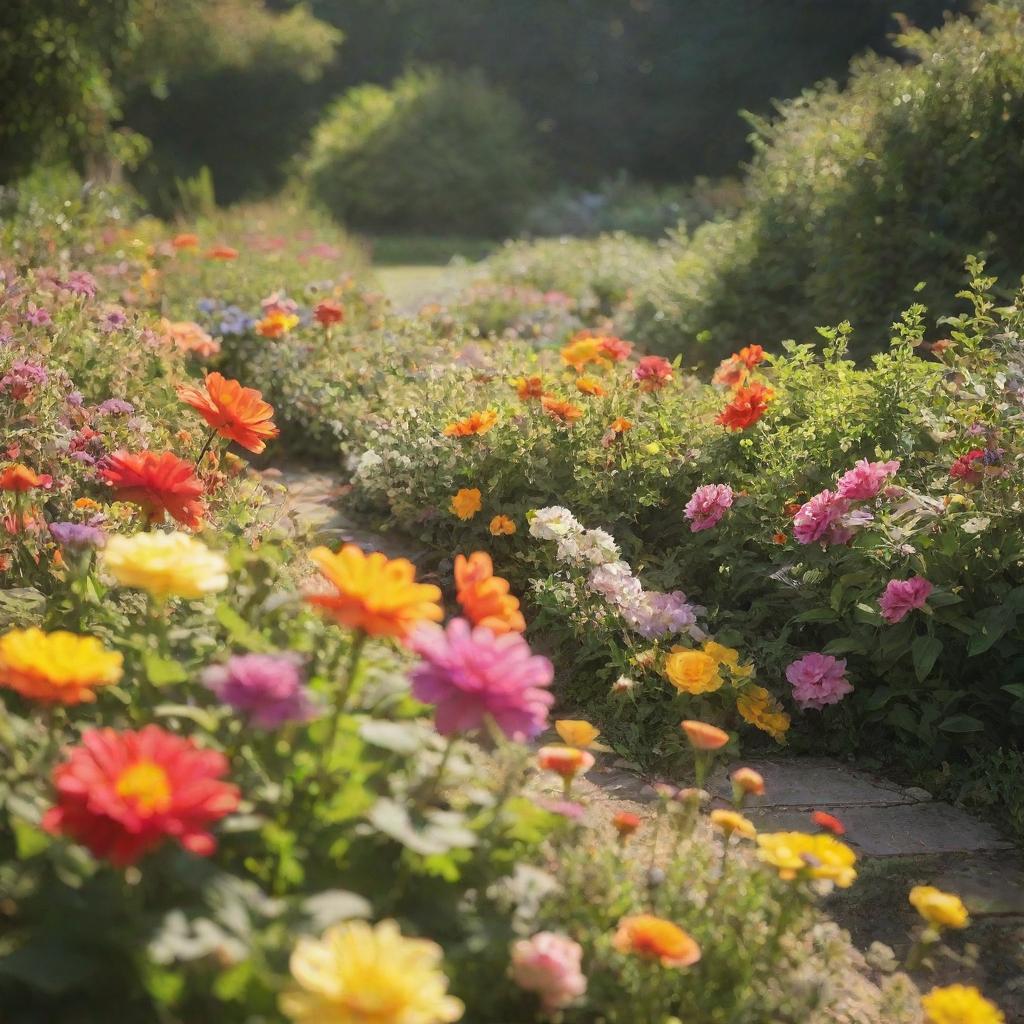 An array of vibrant, blooming flowers in a lush garden under soft sunlight.