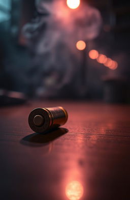 A vibrant and dramatic scene depicting a lone bullet in a close-up view, resting on a polished wooden table